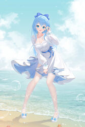  1girl absurdres bare_legs beach blue_eyes blue_hair bow bubble cross-laced_footwear day dress frilled_dress frills hair_between_eyes hair_bow highres hohan layered_dress long_hair long_sleeves looking_at_viewer ocean open_mouth original outdoors sand skirt skirt_tug solo standing white_dress white_footwear wind wind_lift 