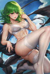  1girl ass black_skirt bra breasts cloud cloudy_sky collarbone curly_hair feet green_eyes green_hair high-low_skirt knee_up lace lace-trimmed_legwear lace_bra lace_panties lace_trim legs medium_hair neoartcore one-punch_man paid_reward_available panties skirt sky small_breasts solo tatsumaki thighhighs underwear white_bra white_panties white_thighhighs wind wind_lift  rating:Sensitive score:94 user:danbooru