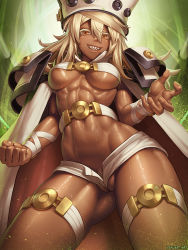1girl abs areola_slip arm_strap belt belt_bra blonde_hair breasts cape claw_pose cleft_of_venus clenched_hand colored_eyelashes covered_erect_nipples cowboy_shot dark-skinned_female dark_skin eyelashes female_focus female_pubic_hair fighting_stance frontal_wedgie green_background grin guilty_gear guilty_gear_xrd hair_between_eyes hat highres long_hair looking_at_viewer medium_breasts micro_shorts orange_eyes partially_visible_vulva pubic_hair pubic_hair_peek ramlethal_valentine sharp_teeth short_shorts shorts smile solo speh sweat teeth thigh_strap toned uncensored underboob upshorts wedgie rating:Questionable score:174 user:danbooru
