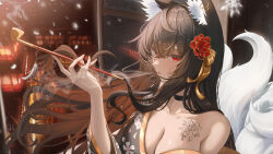  1girl absurdres animal_ear_fluff animal_ears breasts brown_hair cleavage collar earrings fox_ears fox_girl fox_tail hair_ornament highres japanese_clothes jewelry kimono kiseru large_breasts long_hair looking_at_viewer multiple_tails oiran original red_eyes rega smoking smoking_pipe snowflakes solo tail tattoo white_tail 