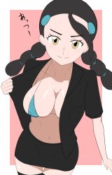  1girl black_hair breasts brown_eyes candice_(pokemon) cleavage creatures_(company) game_freak large_breasts looking_at_viewer nintendo open_clothes open_shirt pokemon pokemon_dppt solo twintails 