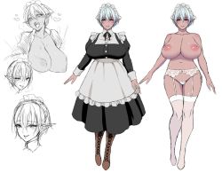 ahegao breasts character_sheet concept_art curvy dark_elf dark_skin elf garter_belt heart large_breasts maid multiple_views pointy_ears simple_background sketch thick_thighs thighs usagi_nagomu rating:Questionable score:53 user:cheezeit