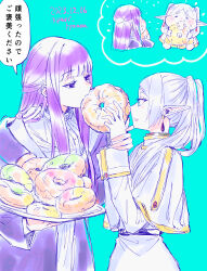  2girls absurdres blue_background blue_eyes capelet commentary_request dated doughnut dress earrings eating elf feeding fern_(sousou_no_frieren) food food_on_face frieren hand_on_another&#039;s_wrist highres holding holding_plate jewelry long_hair multiple_girls plate pointy_ears puffy_cheeks purple_eyes purple_hair purple_robe robe shared_food simple_background sousou_no_frieren speech_bubble thick_eyebrows translated twintails twitter_username white_capelet white_dress white_hair yuri_kyanon 
