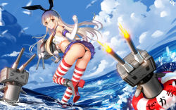  &gt;_&lt; 10s 1girl :3 :o anchor_hair_ornament armpits ass black_panties blonde_hair brown_eyes butt_crack closed_eyes cloud crop_top crop_top_overhang day elbow_gloves firing gloves hair_ornament hair_ribbon innertube kantai_collection liang_xing lifebuoy long_hair looking_at_viewer machinery midriff miniskirt ocean open_mouth panties rensouhou-chan ribbon shimakaze_(kancolle) skirt sky solo striped_clothes striped_thighhighs swim_ring thighhighs thong triangle_mouth turret underwear  rating:Sensitive score:27 user:danbooru