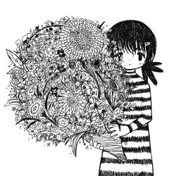  1girl bouquet closed_mouth commentary dot_nose expressionless flower greyscale hair_ornament hairclip holding holding_bouquet long_sleeves looking_at_viewer mob_face monochrome original shirt short_hair short_twintails simple_background solid_oval_eyes solo striped_clothes striped_shirt symbol-only_commentary twintails upper_body white_background zozoru 