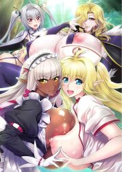  ahoge aoi_nagisa_(metalder) blonde_hair blue_eyes breast_press breasts dark_elf elf evelyn_celebrian forest grey_hair hat highres hime_cut huge_breasts large_areolae long_hair lucy_menelumia maid maid_headdress misery_stentrem nature nipple_slip nipples nurse nurse_cap open_clothes phyllis_hagerhelm pointy_ears red_eyes revealing_clothes smile symmetrical_docking take_your_pick twintails wavy_hair yellow_eyes youkoso!_sukebe_elf_no_mori_e 