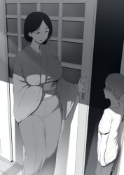1boy 1girl age_difference arm_under_breasts black_hair blush closed_mouth commentary_request greyscale highres japanese_clothes kimono long_hair looking_at_another mature_female monochrome nakamura_regura onee-shota open_door original parted_bangs sash shirt shota standing sweatdrop t-shirt wide_sleeves rating:Explicit score:259 user:danbooru