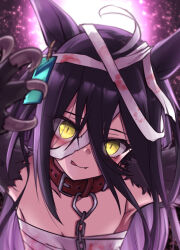  1girl :p ahoge animal_ears arm_up armpits bandages black_hair blood bloody_bandages chain claws closed_mouth collar commentary_request fang fang_out hair_between_eyes halloween highres horse_ears long_hair manhattan_cafe_(umamusume) red_collar sarashi smile solo tongue tongue_out ugatsu_matsuki umamusume upper_body yellow_eyes 