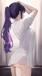 1girl arms_up ass bottomless breasts cowboy_shot curtains dress_shirt from_side hands_on_own_head highres indoors large_breasts long_hair looking_away looking_to_the_side naked_shirt no_panties original ponytail preview_(preview0) profile purple_eyes purple_hair see-through see-through_shirt shirt side_slit sidelocks sleeves_rolled_up solo standing thighs underbutt wavy_hair white_shirt rating:Questionable score:66 user:danbooru