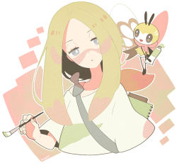 1girl alternate_eye_color artist_name bad_id bad_pixiv_id blonde_hair blue_eyes closed_mouth creatures_(company) expressionless facial_mark game_freak gen_7_pokemon long_hair looking_at_viewer mina_(pokemon) mochi730 multicolored_hair nintendo notebook off_shoulder oversized_clothes oversized_shirt paint paintbrush pokemon pokemon_(creature) pokemon_sm ribombee scarf shirt signature simple_background sketchbook trial_captain two-tone_hair upper_body white_background