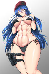  1girl abs absurdres bad_id bad_pixiv_id beret bikini black_bikini blue_hair breast_suppress breasts cameltoe from_below gakuen_taisen_valkyries glasses gloves gradient_background hand_on_own_chest hat highres holster large_breasts legs long_hair looking_down meicha muscular muscular_female navel panties sabra_greengold smile solo soo swimsuit thigh_strap thighs underwear 