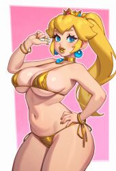 1girl absurdres ass bikini blonde_hair blue_eyes breasts cleavage crown earrings female_focus gold_bikini gold_lips hand_on_own_hip highres jewelry large_breasts lipstick long_hair looking_at_viewer makeup mario_(series) navel nintendo open_mouth ponytail princess_peach riz shiny_swimsuit simple_background smile solo swimsuit