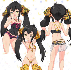  1girl animal_print armpits arms_up ass babydoll bare_shoulders black_babydoll black_hair breasts cjhomics closed_mouth collarbone cowboy_shot crop_top fang from_behind full_body hair_ribbon idolmaster idolmaster_cinderella_girls idolmaster_cinderella_girls_u149 jewelry kneeling kneepits leopard_print leopard_print_bikini loli long_hair matoba_risa miniskirt multiple_views navel necklace open_mouth panties purple_panties ribbon see-through see-through_skirt skindentation skirt small_breasts smile solo standing thighhighs tiger_print twintails underwear white_background yellow_eyes 
