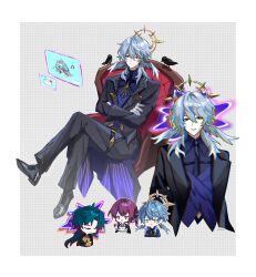  1girl 2boys absurdres bii_(biichon) bird black_coat black_footwear black_pants blade_(honkai:_star_rail) blue_hair blue_pupils blue_shirt blue_vest border chair chromatic_aberration closed_mouth coat coattails collared_shirt commentary crossed_arms crossed_legs crow earrings english_commentary frown gloves grey_background hair_between_eyes halo halo_behind_head head_wings highres holographic_interface holographic_monitor honkai:_star_rail honkai_(series) jewelry kafka_(honkai:_star_rail) loafers long_sleeves looking_at_viewer male_focus medium_hair multiple_boys multiple_views open_clothes open_coat outside_border pants robin_(honkai:_star_rail) shirt shoes simple_background sitting sunday_(honkai:_star_rail) vest white_border white_gloves wing_collar wing_piercing wings yellow_eyes 