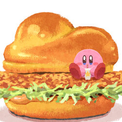  bread burger chicken_(food) cup drinking drinking_straw food food_focus holding holding_cup kirby kirby_(series) lettuce miclot nintendo no_humans on_food sauce sitting 
