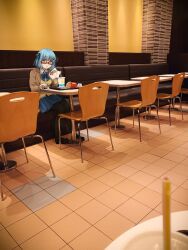 1girl :t aqua_hair black_pantyhose blue_ribbon blue_skirt brown_jacket burger cellphone chair collared_shirt cup disposable_cup drinking_straw eating fast_food food food-themed_hair_ornament french_fries glasses hair_ornament hair_ribbon hamburger-chan_(hundredburger) highres holding holding_food indoors jacket long_sleeves looking_at_viewer marrontorisu original pantyhose phone photo_background pleated_skirt red-framed_eyewear ribbon shirt sitting skirt smartphone solo sweater_vest table tray rating:General score:4 user:danbooru