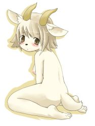  1girl barefoot blush breasts copyright_request female_focus furry furry_female goat horns kagerofu looking_at_viewer nipples sideboob single_horn solo tail  rating:Questionable score:11 user:Jirachi