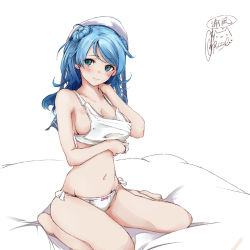 1girl bare_legs barefoot bed_sheet blue_eyes blue_hair blush breasts character_name closed_mouth collarbone commentary_request double_bun hair_bun hat kantai_collection large_breasts medium_hair navel panties rizzl sailor_hat signature simple_background sitting smile solo tank_top twitter_username underwear underwear_only urakaze_(kancolle) wariza white_background white_hat white_panties rating:Sensitive score:15 user:danbooru