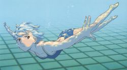  1girl :t ayanami_rei barefoot blue_hair blue_one-piece_swimsuit breasts bubble caustics foreshortening from_side highres holding_breath neon_genesis_evangelion one-piece_swimsuit outstretched_arms pale_skin pool red_eyes scan short_hair small_breasts solo spread_arms swimming swimsuit tsurumaki_kazuya underwater  rating:Sensitive score:15 user:danbooru