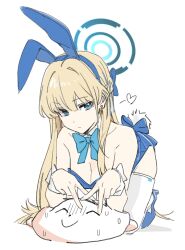  1boy 1girl animal_ears blonde_hair blue_archive blue_bow blue_bowtie blue_eyes blue_footwear blue_hair blue_halo blue_leotard bow bowtie braid breasts cleavage closed_mouth detached_collar doodle_sensei_(blue_archive) fake_animal_ears fake_tail halo heart high_heels highres large_breasts leotard long_hair looking_at_viewer multicolored_hair official_alternate_costume rabbit_ears rabbit_tail sensei_(blue_archive) simple_background strapless strapless_leotard streaked_hair tail takok_(kalaok39188) thighhighs toki_(blue_archive) toki_(bunny)_(blue_archive) white_background white_thighhighs wrist_cuffs 
