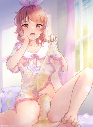  1boy absurdres bed bedwetting bow feet gasp hand_on_own_face highres male_focus open_mouth panties peeing peter_pan_collar peteron pillow pink_bow shirt shota smock trap underwear yellow_shirt  rating:Explicit score:83 user:cutedrop