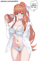  1girl arm_behind_back blush bow box bra breasts brown_hair cleavage collarbone doki_doki_literature_club dress_shirt english_text gift green_eyes hair_bow heart-shaped_box highres holding holding_gift large_breasts long_hair looking_at_viewer monika_(doki_doki_literature_club) nail_polish navel open_clothes open_shirt panties patreon_username pink_nails shirt simple_background smile solo speech_bubble thighs underwear valentine very_long_hair white_background white_bow white_bra white_panties white_shirt yami_(rear4742) 