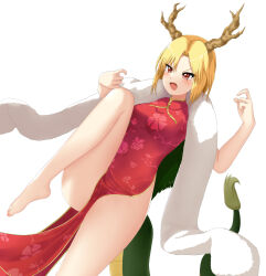  1girl antlers barefoot blonde_hair china_dress chinese_clothes doge_(jkdoge) dragon_girl dragon_horns dragon_tail dress highres horns kicchou_yachie red_dress sleeveless sleeveless_dress tail touhou touhou_lostword turtle_shell yellow_horns 