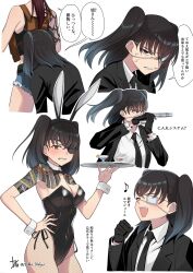  2girls :d angry animal_ears black_bow black_bowtie black_gloves black_hair black_lagoon black_leotard black_necktie blush bow bowtie breasts clenched_hand clenched_teeth closed_eyes collared_shirt covered_navel cropped_torso cutoffs detached_collar embarrassed eyepatch fake_animal_ears fishnet_pantyhose fishnets gloves gun hand_on_own_hip handgun highres holding holding_gun holding_weapon jacket le_majeur_(black_lagoon) leotard medium_breasts multiple_girls musical_note necktie open_mouth pantyhose playboy_bunny rabbit_ears revy_(black_lagoon) shirt short_shorts shorts shoulder_tattoo simple_background smile snake_tattoo solo_focus strapless strapless_leotard suit_jacket tattoo teeth tohka_10days translation_request tray twintails weapon white_background white_shirt wrist_cuffs 