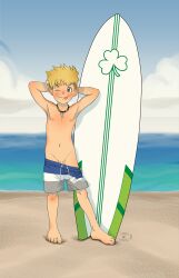  1boy armpits artist_request barefoot beach blonde_hair clothes_pull curryxmochi flashing freckles green_eyes highres jewelry male_focus necklace ocean one_eye_closed pants pants_pull penis penis_peek shota solo sunburn surfboard tongue tongue_out topless_male wink  rating:Explicit score:81 user:TickTack