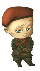 1boy absurdres baby beret brandee_simons cosplay full_body gloves half-closed_eyes hat highres metal_gear_(series) metal_gear_solid_3:_snake_eater red_gloves red_hat revolver_ocelot revolver_ocelot_(cosplay) simple_background solo spurs standing the_boss_baby theodore_templeton_jr. white_background