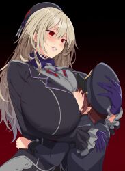  1boy 1girl admiral_(kancolle) age_difference atago_(kancolle) black_headwear blonde_hair blue_gloves breast_smother breasts brown_hair chevron_(symbol) closed_eyes dark_persona face_to_breasts frilled_sleeves frills fur_trim gloves gradient_background grey_shirt hair_between_eyes hand_on_another&#039;s_head hand_on_another&#039;s_hip hat height_difference hetero highres hug huge_breasts kantai_collection kloah little_boy_admiral_(kancolle) long_hair military military_hat military_uniform naval_uniform onee-shota red_eyes shirt uniform  rating:Sensitive score:81 user:danbooru