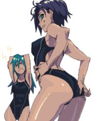  &gt;_&lt; 2girls aqua_eyes aqua_hair armpits arms_up ass back bad_id bad_pixiv_id black_hair breasts competition_swimsuit covered_erect_nipples closed_eyes from_side hesuke long_hair looking_at_viewer medium_breasts multiple_girls one-piece_swimsuit original short_hair simple_background smile swimsuit white_background  rating:Sensitive score:16 user:danbooru