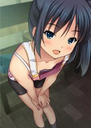 1girl :d bike_shorts black_hair blush bra downblouse extended_downblouse flat_chest leaning_forward loli looking_at_viewer nipples open_mouth original ryunnu short_hair side_ponytail smile solo sportswear underwear rating:Questionable score:147 user:danbooru