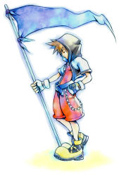  1boy brown_hair child closed_eyes fingerless_gloves flag gloves hand_in_pocket hood kingdom_hearts male_focus official_art solo sora_(kingdom_hearts) spiked_hair standing  rating:Sensitive score:9 user:nausycka