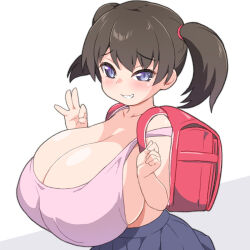  1girl backpack bag bare_arms blue_skirt blush breasts brown_hair cleavage clenched_hand clenched_teeth collarbone covered_erect_nipples female_focus from_side gigantic_breasts grin hair_between_eyes hands_up highres huge_breasts loli looking_at_viewer naughty_face no_bra ok_sign oppai_loli original pink_tank_top pleated_skirt purple_eyes randoseru red_bag shirogane_hakuba short_twintails simple_background skirt smile solo tank_top teeth twintails upper_body white_background  rating:Questionable score:237 user:tanuki-taro