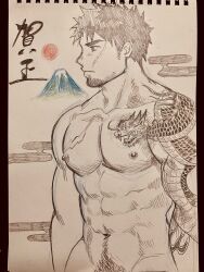  1boy abs bara beard_stubble completely_nude cowboy_shot egasumi expressionless facial_hair facial_scar fine_art_parody from_side graphite_(medium) hashikure_taro highres large_pectorals looking_ahead male_focus male_pubic_hair mature_male medium_sideburns mount_fuji muscular muscular_male navel navel_hair nihonga nipples nude original out-of-frame_censoring parody pectorals photo_(medium) profile pubic_hair scar scar_on_cheek scar_on_chest scar_on_face short_hair sideburns_stubble solo stomach stubble thick_eyebrows traditional_media translation_request tsurime ukiyo-e 