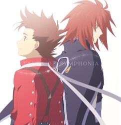 2boys absurdres back-to-back brown_eyes brown_hair cape closed_mouth commentary_request english_text highres kratos_aurion lloyd_irving male_focus multiple_boys red_eyes red_hair red_shirt roku_(gansuns) shirt short_hair smile spiked_hair suspenders tales_of_(series) tales_of_symphonia white_background