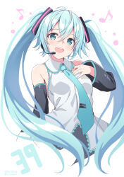  1girl 39 aqua_eyes aqua_hair aqua_nails aqua_necktie bare_shoulders black_sleeves blush dated detached_sleeves grey_shirt hair_ornament hatsune_miku headset highres long_hair looking_at_viewer miku_day musical_note necktie nozomi_tsubame open_mouth shirt simple_background solo teeth twintails upper_teeth_only very_long_hair vocaloid white_background 