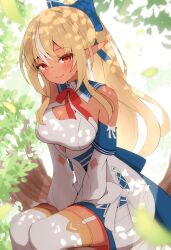  1girl bare_shoulders blonde_hair blue_bow bow breasts cleavage cleavage_cutout clothing_cutout criss-cross_halter dark-skinned_female dark_skin detached_sleeves dress elf garter_straps grey_hair hair_bow halterneck highres hololive in_tree large_breasts long_hair long_sleeves looking_at_viewer multicolored_hair neck_ribbon pointy_ears ponytail red_eyes red_ribbon ribbon sen_(sen42724788) shiranui_flare shiranui_flare_(1st_costume) sitting sitting_in_tree smile solo streaked_hair thighhighs tree virtual_youtuber white_dress white_thighhighs 