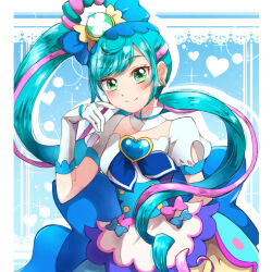  1girl back_bow blue_bow blue_dress blue_eyes blue_hair blue_ribbon bow breasts brooch closed_mouth clothing_cutout commentary cure_spicy delicious_party_precure dress earrings fuwa_kokone gloves green_eyes hair_bow hair_bun hair_ornament heart heart_brooch highres huge_bow jewelry long_hair looking_at_viewer magical_girl multicolored_hair pink_hair precure puffy_short_sleeves puffy_sleeves ribbon rope short_sleeves side_ponytail small_breasts smile solo standing streaked_hair tanshi_tanshi very_long_hair white_gloves 