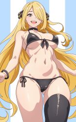  1girl asairosora bikini black_bikini black_thighhighs blonde_hair breasts commentary cowboy_shot creatures_(company) cynthia_(pokemon) from_below front-tie_bikini_top front-tie_top game_freak gluteal_fold grey_eyes hair_over_one_eye highres large_breasts long_hair looking_at_viewer nintendo open_mouth pokemon pokemon_dppt side-tie_bikini_bottom single_thighhigh smile solo striped_background swimsuit teeth thighhighs upper_teeth_only very_long_hair  rating:Sensitive score:55 user:danbooru