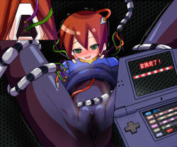  1girl aile_(mega_man_zx) artist_request blush bodysuit brown_hair capcom clitoris female_focus green_eyes hacking handheld_game_console mind_control nintendo_ds pantyhose pussy robot_ears mega_man_(series) mega_man_zx skin_tight solo spread_legs vest  rating:Explicit score:56 user:dkong