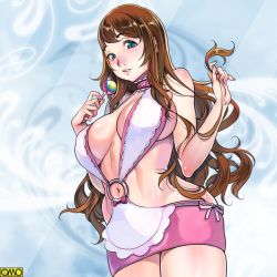  1girl blue_eyes blush breasts brown_hair candy cleavage f.s. female_focus food large_breasts lollipop long_hair navel original solo underboob  rating:Questionable score:23 user:BoobsLover385