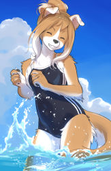  1girl animal_ears animal_nose black_bow blue_sky body_fur bow brown_fur brown_hair clenched_teeth cloud commentary_request covered_navel day dog_ears dog_girl dog_tail closed_eyes furry furry_female highres kikurage_(crayon_arts) one-piece_swimsuit original outdoors sidelocks sky smile snout solo swimsuit tail teeth thighs two-tone_fur water wet white_fur  rating:Sensitive score:49 user:danbooru