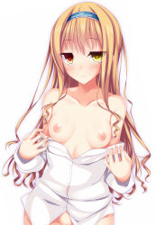  1girl bare_shoulders blonde_hair blush breasts female_focus hairband heterochromia long_hair looking_at_viewer naked_shirt nipples off_shoulder original red_eyes shirt simple_background small_breasts solo suterii undressing white_background yellow_eyes  rating:Questionable score:49 user:danbooru
