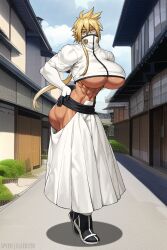  1girl abs absurdres arrancar ass bleach blonde_hair blue_background breasts covered_mouth curvy dark-skinned_female dark_skin espada female_focus green_eyes hands_on_own_hips highres holding large_breasts long_hair looking_at_viewer muscular muscular_ass muscular_female navel revealing_clothes sefuart shoes solo speh tier_harribel underboob wide_hips 