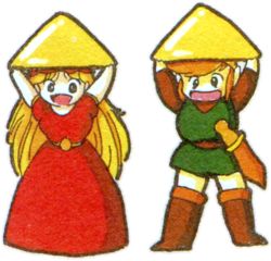 1boy 1girl blonde_hair brown_hair dress grin happy link long_hair looking_at_viewer nintendo official_art open_mouth princess_zelda red_dress smile sword the_legend_of_zelda the_legend_of_zelda_(nes) triforce weapon rating:Sensitive score:9 user:BlueberryZoo