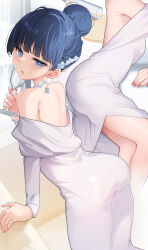  1girl absurdres ass back backboob bare_back bare_shoulders black_hair blue_eyes blush braid breasts cup dress drinking_glass hair_between_eyes hair_ornament highres jewelry long_hair looking_at_viewer mahouka_koukou_no_rettousei medium_breasts necklace open_mouth shiba_miyuki siblings side_braid sisters solo thighhighs thighs white_dress wine_glass zelef0302 
