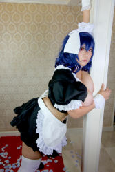 apron blue_hair breasts breasts_out chouzuki_maryou cosplay large_breasts maid maid_apron maid_headdress photo_(medium) plump red_eyes seikon_no_qwaser thick_thighs thighhighs thighs yamanobe_tomo rating:Explicit score:17 user:H-Viruz