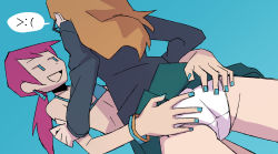 &gt;:( 2girls aqua_background aqua_eyes aqua_nails ass ass_grab bikini blonde_hair blue_eyes bracelet clothes_lift cowboy_shot crotch dutch_angle earrings from_behind from_below glasses highres hotelblue jewelry legs_apart lifting_another&#039;s_clothes loli madeline_(hotelblue) multiple_girls nail_polish original panties pleated_skirt r.h. simple_background skirt skirt_lift smile speech_bubble standing sweater swimsuit underwear upskirt white_panties yuri rating:Explicit score:39 user:Moldyspud